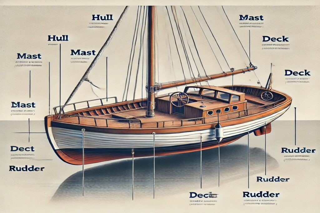 Eine detaillierte Zeichnung eines Segelbootes mit beschrifteten Teilen wie Mast, Rumpf, Deck und Ruder. Die Abbildung zeigt die verschiedenen Elemente des Bootes und deren Position