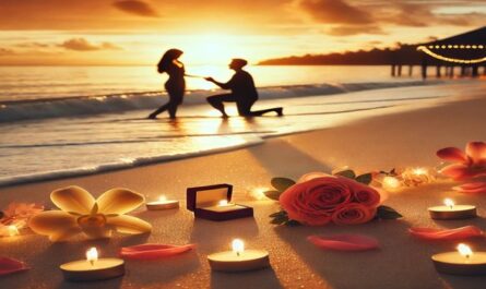 Experience the magic of a beach proposal at sunset, with ocean waves and a beautifully set scene. Perfect for unforgettable moments of love