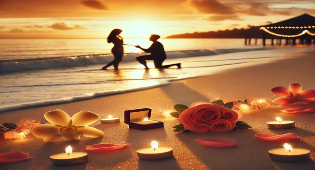 Experience the magic of a beach proposal at sunset, with ocean waves and a beautifully set scene. Perfect for unforgettable moments of love