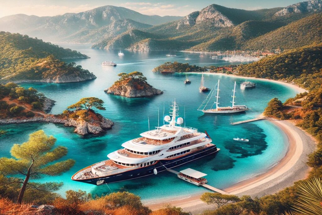 Eine fesselnde Darstellung der besten Fotospots in Fethiye für Ihren Yachturlaub, mit einer luxuriösen Yacht, malerischen Stränden und ikonischen Sehenswürdigkeiten im Hintergrund