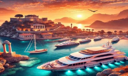 Eine fesselnde Darstellung der besten Fotospots für Ihren Yachturlaub in der Türkei, mit einer luxuriösen Yacht, türkisfarbenem Wasser und ikonischen türkischen Landschaften im Hintergrund.