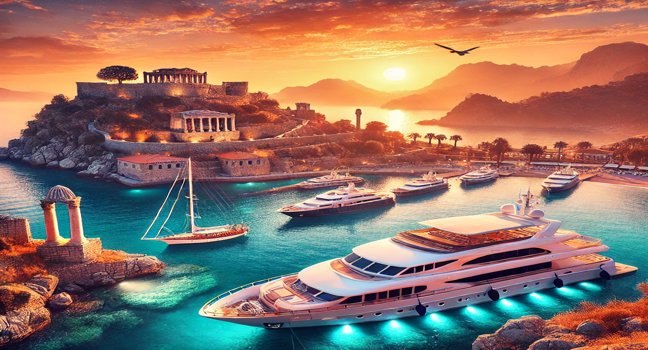 Eine fesselnde Darstellung der besten Fotospots für Ihren Yachturlaub in der Türkei, mit einer luxuriösen Yacht, türkisfarbenem Wasser und ikonischen türkischen Landschaften im Hintergrund.