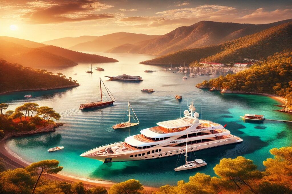 Eine atemberaubende Darstellung der idealen Zeit für Yachtfotos in den Buchten von Marmaris, mit einer luxuriösen Yacht, goldenen Sonnenstrahlen und einer malerischen Küstenlandschaft