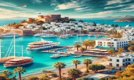 lebendigen Hafen von Bodrum Türkei mit Yachten und historischen Gebäuden im Hintergrund, perfekt für Urlaubsträume