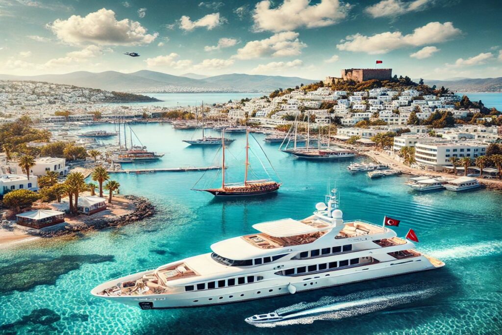 Eine fesselnde Ansicht von Bodrum mit einer luxuriösen Yacht, die in einer malerischen Bucht vor Anker liegt, umgeben von klarem Wasser und der berühmten Bodrum-Küste