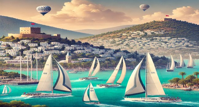 Sleek sailing boats compete on turquoise waters near Bodrum's picturesque coastline, with Bodrum Castle, whitewashed houses, and green hills under a sunny sky