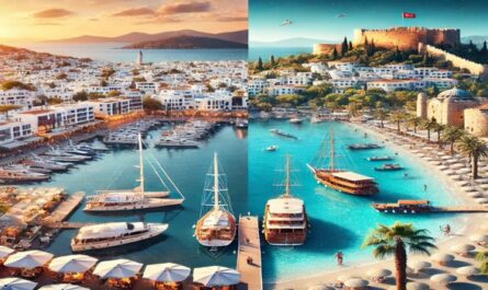 Bodrum und Antalya als Urlaubsziele mit einer lebhaften Darstellung von Bodrums historischen Gebäuden und Antalyas schönen Stränden