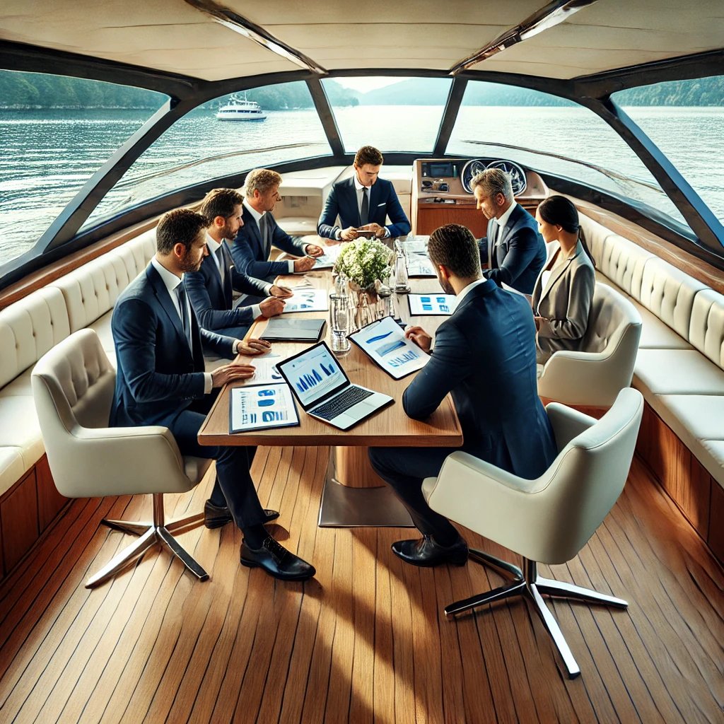 Elevate your corporate event with a business meeting on a luxury boat, blending professionalism with a scenic waterfront setting