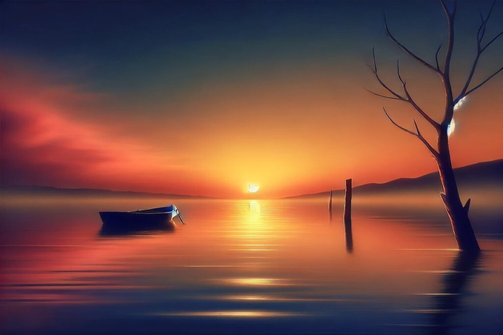 A peaceful sunset scene over calm waters, capturing the reflective atmosphere of concluding a memorable boating adventure