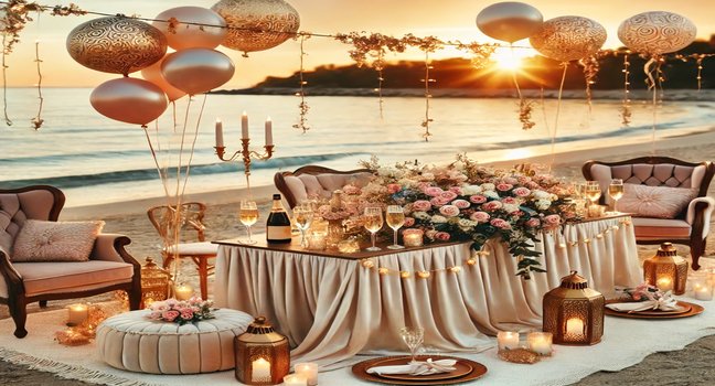 A beachside bachelorette party setup with drinks, flowers, and cozy seating, illuminated by the warm hues of sunset—perfect for a sophisticated celebration by the ocean