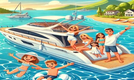 Eine fröhliche Darstellung einer Familie, die ihren Familienurlaub am Meer auf einer Yacht genießt, umgeben von klarem Wasser und einer schönen Küstenlandschaft