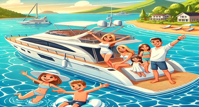 Eine fröhliche Darstellung einer Familie, die ihren Familienurlaub am Meer auf einer Yacht genießt, umgeben von klarem Wasser und einer schönen Küstenlandschaft