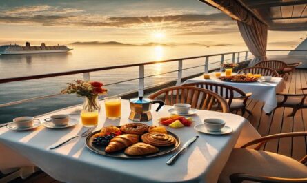 Frühstück auf dem Schiff: Gedeckter Tisch mit Gebäck, Saft und Kaffee bei Sonnenaufgang über dem Meer