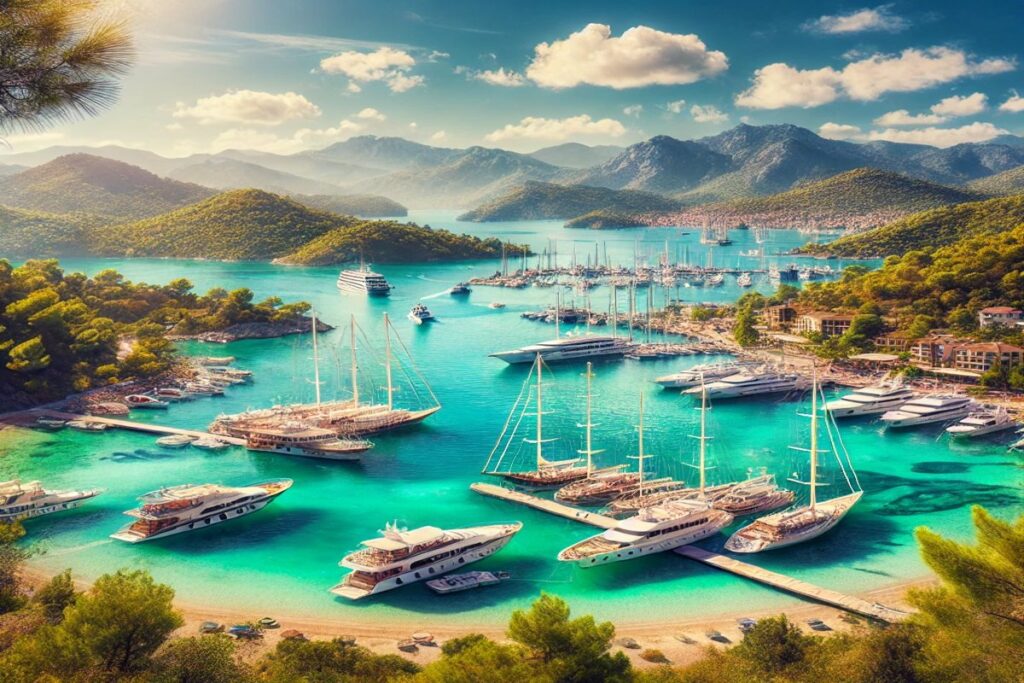 Explore the serene beauty of Gocek, Turkey – a perfect holiday destination with turquoise waters, luxury yachts, and lush green hills, offering a peaceful coastal escape