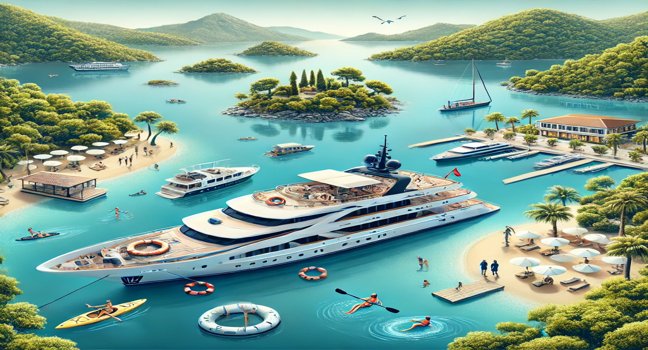 Luxurious yacht near green islands, water activities like kayaking and snorkeling, tranquil beaches, and a relaxing atmosphere under a clear blue sky in Gocek