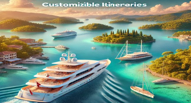 Luxurious yacht cruising through turquoise waters, lush green islands, vibrant coastline, peaceful harbor, and elegant boats under a clear blue sky in Gocek