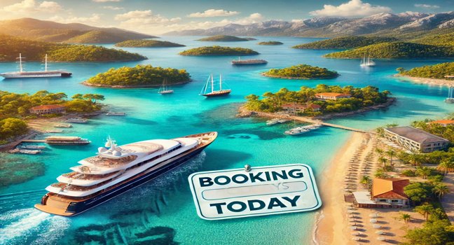 Luxurious yacht anchored in a scenic harbor, turquoise waters, lush green islands, golden beaches, and sunny skies highlighting a perfect Gocek holiday experience