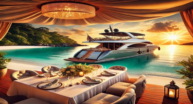 Luxurious yacht anchored near a secluded beach, elegant dining setup, turquoise waters, golden sunset, and lush greenery create the perfect setting for special moments