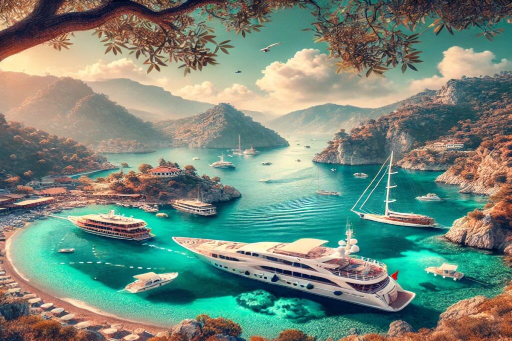 Eine malerische Darstellung der idealen Fotospots in Göcek für Ihren Yachturlaub, mit einer luxuriösen Yacht in einer türkisfarbenen Bucht, umgeben von grünen Hügeln und charmanten Stränden