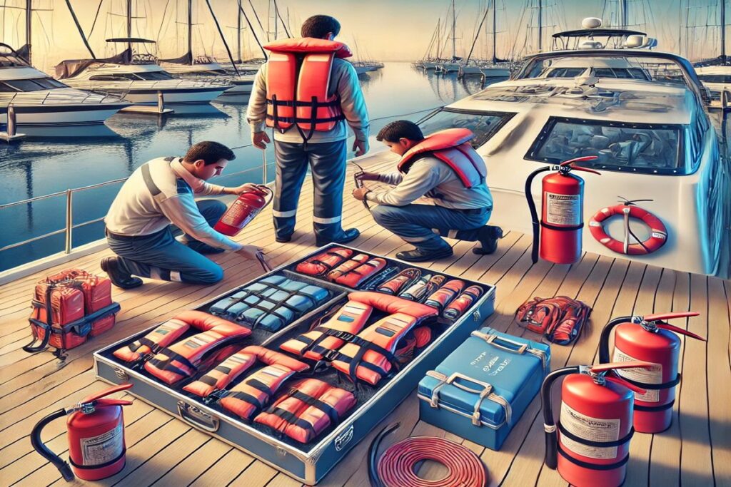 Comprehensive safety equipment inspection on boats, including life jackets, fire extinguishers, and emergency kits, for secure and prepared boating