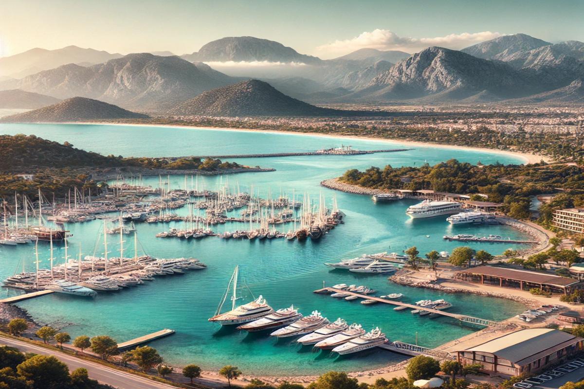 Eine malerische Ansicht der Kaş Marina mit klaren Gewässern, modernen Einrichtungen und einer ruhigen Bergkulisse