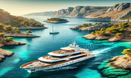 Entdecken Sie Kroatien Yacht Charter mit einer luxuriösen Yacht, die durch die kristallklaren Gewässer der Adriatischen See segelt, umgeben von der beeindruckenden kroatischen Küste