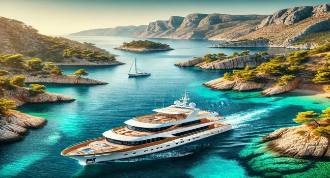 Entdecken Sie Kroatien Yacht Charter mit einer luxuriösen Yacht, die durch die kristallklaren Gewässer der Adriatischen See segelt, umgeben von der beeindruckenden kroatischen Küste