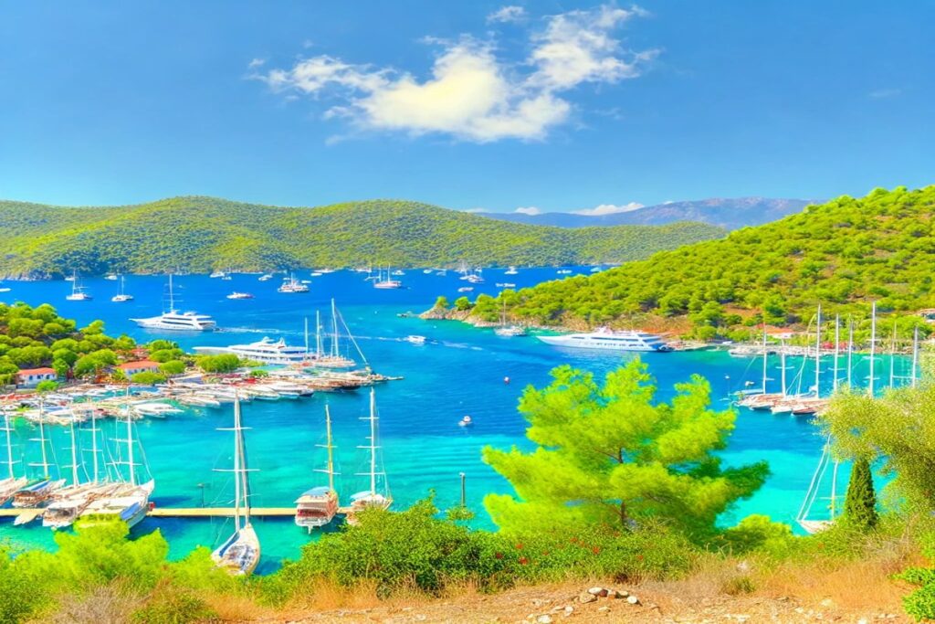 Die Küste von Marmaris zeigt zahlreiche Yachten im türkisblauen Wasser, umgeben von grünen Hügeln und malerischer Landschaft