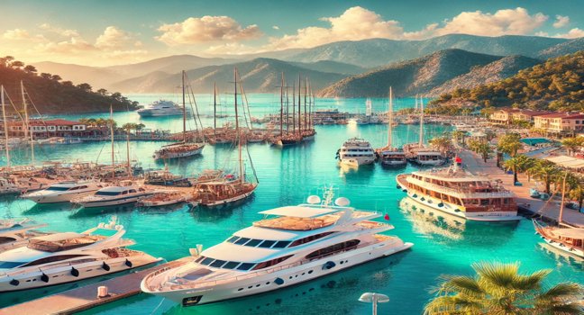 Luxurious yachts docked at Marmaris Marina, surrounded by scenic mountains, lush greenery, turquoise waters, and clear skies, creating a lively and inviting atmosphere