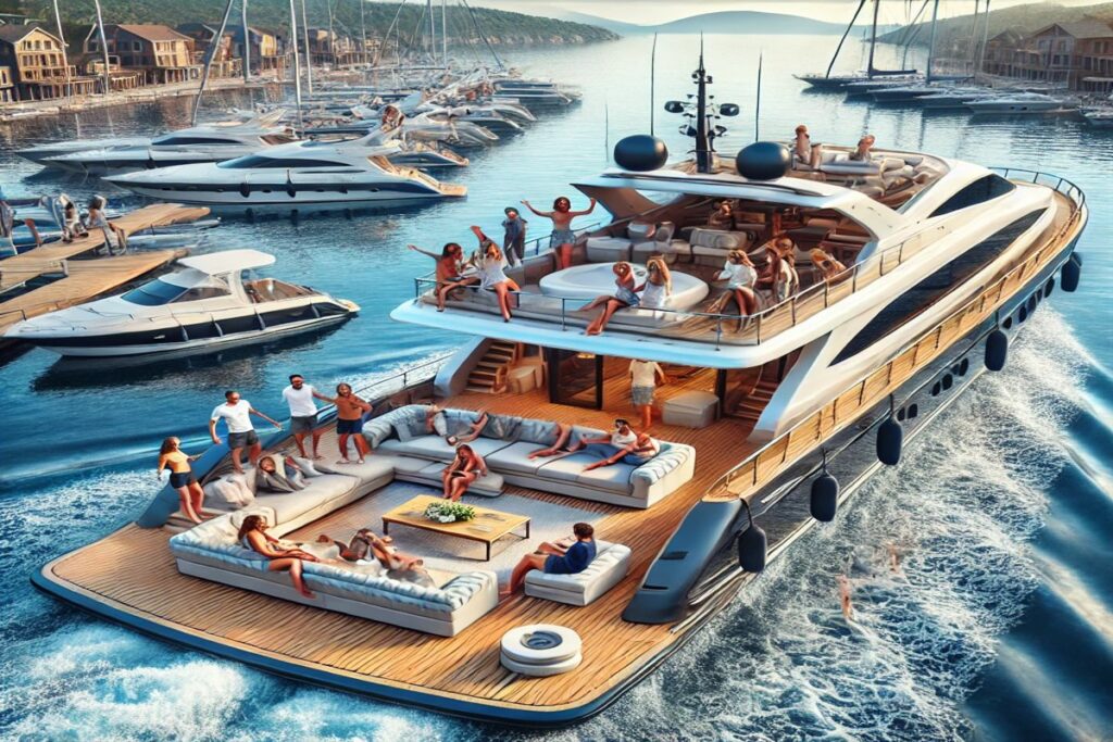 Eine lebendige Darstellung einer geräumigen Yacht, die ideal für große Gruppen von Freunden ist, mit einem weiten Deck und entspannter Atmosphäre am malerischen Hafen