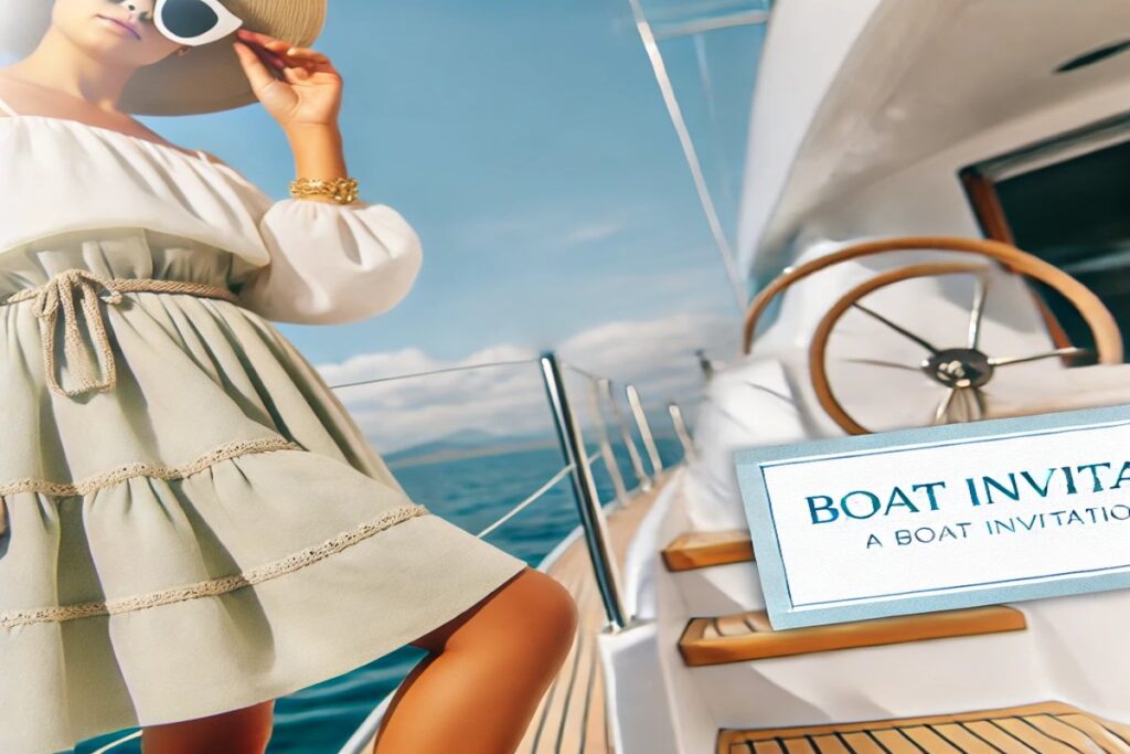 Eine stilvoll gekleidete Frau auf einer Yacht, mit leichtem Sommerkleid, Sonnenhut und Sonnenbrille, perfekt für eine Bootseinladung auf einer yacht party