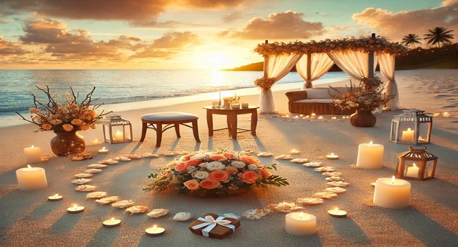 A beautifully arranged beach proposal scene with candles, flower petals on the sand, and a cozy seating area, framed by a stunning sunset over the ocean. Perfect for capturing a memorable moment of love and commitment