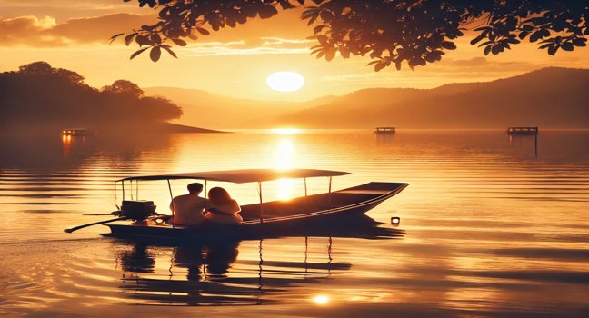 Ein Paar genießt eine romantische Bootsfahrt bei Sonnenuntergang. Sanfte Wellen und das warme Licht der Abendsonne schaffen eine idyllische Atmosphäre – perfekt für unvergessliche Momente