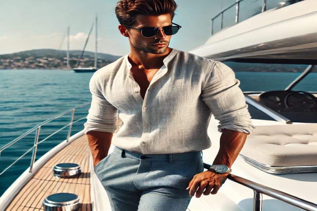 Ein Mann in eleganter Yacht-Party-Kleidung, bestehend aus einem leichten Leinenhemd und einer stilvollen Stoffhose, steht entspannt an Deck einer Yacht