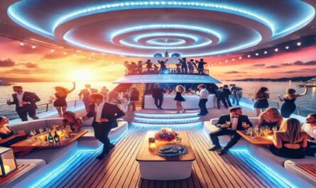 Eine elegante Yacht-Party bei Sonnenuntergang, bei der Gäste in stilvoller Abendgarderobe feiern. Die Yacht ist mit modernen LED-Leuchten ausgestattet, und die Gäste genießen Cocktails und gute Gesellschaft auf verschiedenen Ebenen des Decks