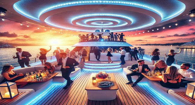 Eine elegante Yacht-Party bei Sonnenuntergang, bei der Gäste in stilvoller Abendgarderobe feiern. Die Yacht ist mit modernen LED-Leuchten ausgestattet, und die Gäste genießen Cocktails und gute Gesellschaft auf verschiedenen Ebenen des Decks