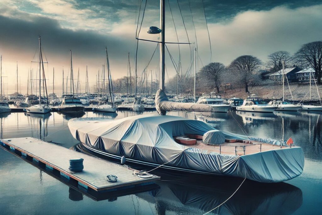 Eine malerische Winterkulisse im Hafen mit Yachten, die sorgfältig für den Winterurlaub geschützt abgedeckt sind, und ruhigem Wasser, das die Umgebung reflektiert