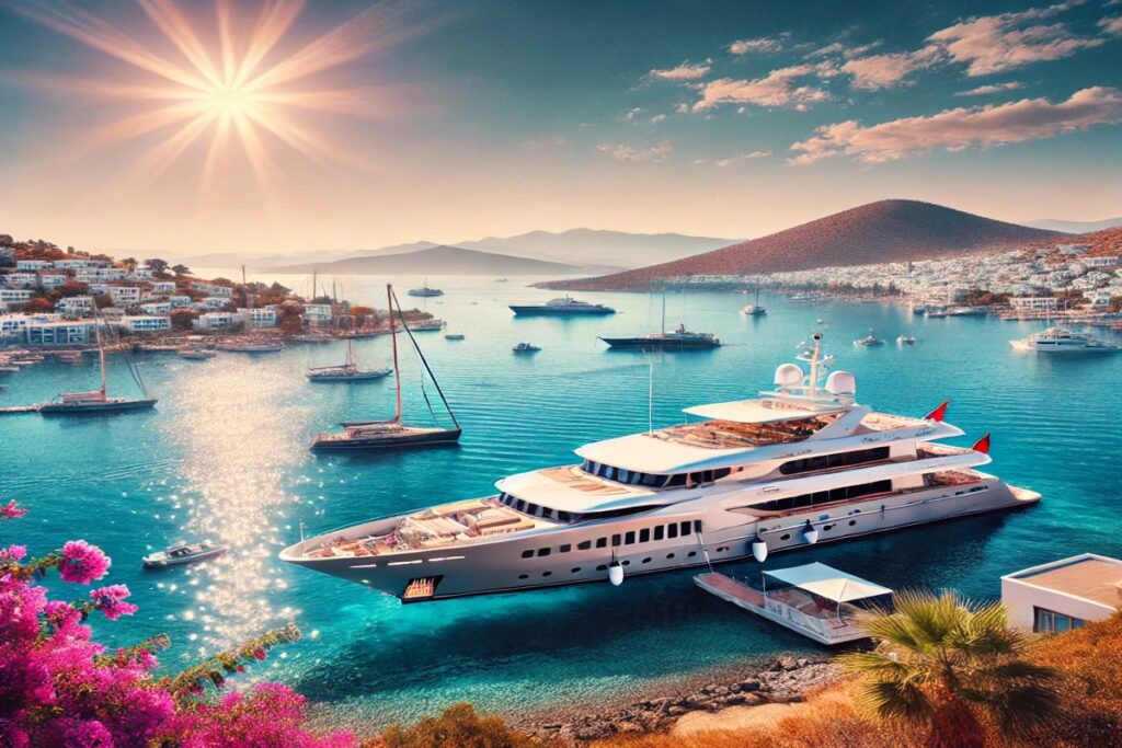 Eine einladende Darstellung der Vorteile eines Yachturlaubs in Bodrum, mit einer luxuriösen Yacht im klaren Wasser von Bodrum Bay, umgeben von malerischen Küstenansichten und blühenden Bougainvillea