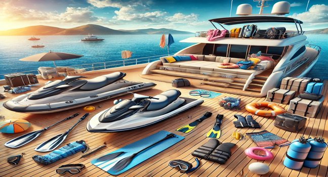 Eine ansprechende Darstellung von Wassersportgeräten wie Jetskis, Paddleboards und Schnorchelausrüstung, die auf dem Deck einer Yacht präsentiert werden, um die Aufregung unvergesslicher Yachtabenteuer zu vermitteln