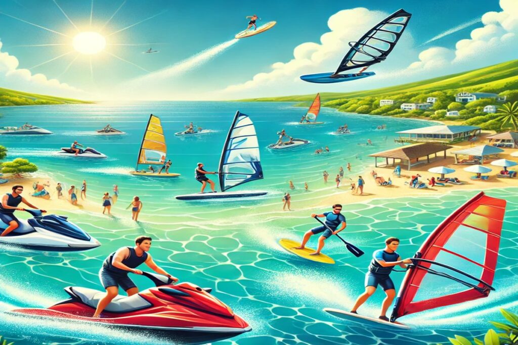 Dive into water sports with activities like jet skiing, windsurfing, and paddleboarding in a stunning coastal setting, perfect for thrill-seekers