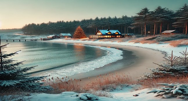 Ein verschneiter Strand, sanfte Wellen und ein gemütliches Strandhaus – erleben Sie die einzigartige Atmosphäre eines Winterurlaubs am Meer und genießen Sie die stille Schönheit der Küste