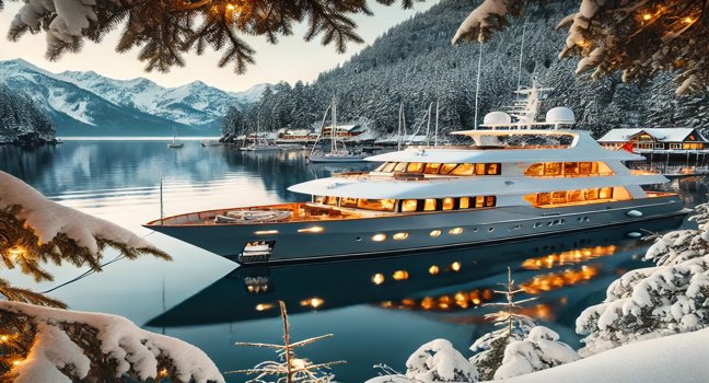 Eine luxuriöse Yacht liegt vor einer schneebedeckten Küstenlandschaft, beleuchtet von warmem Licht. Umgeben von Bergen und winterlicher Natur – ein einzigartiges Erlebnis der Yachtcharter im Winter