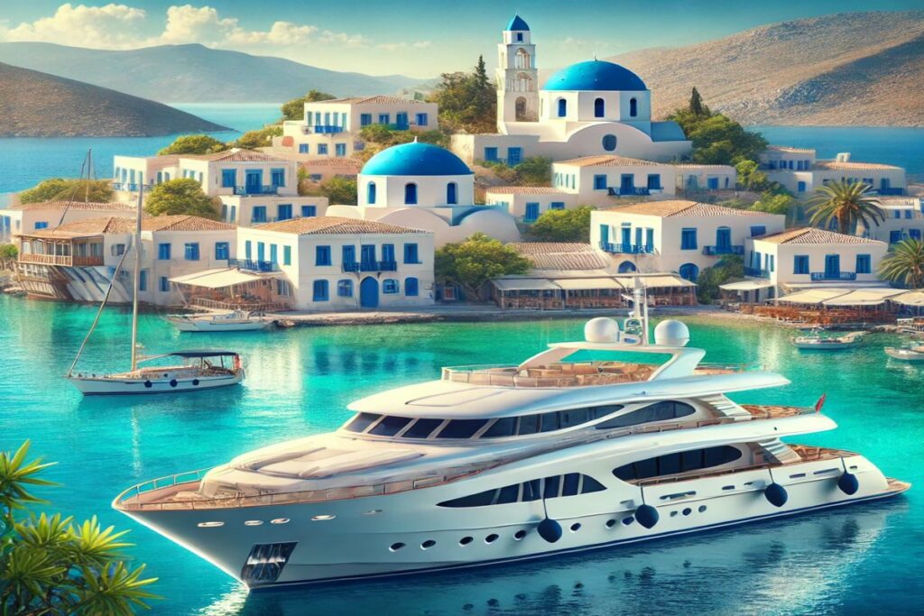 Eine luxuriöse Yacht in einer malerischen griechischen Bucht mit kristallklarem Wasser und traditionellen Gebäuden – ideal für Informationen über die besten Yachtcharter-Gesellschaften in Griechenland