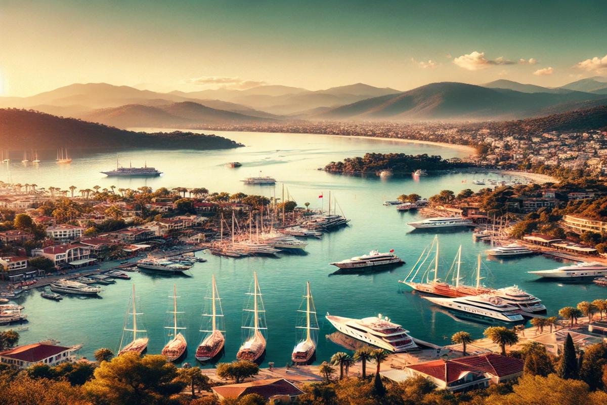 Ein Blick auf die Küstenstadt Göcek mit Yachten im Hafen, umgeben von Bergen und üppigem Grün – ideal für Yachtfreunde und Erholungssuchende