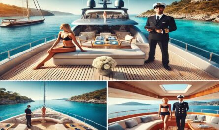 Urlaub auf einer Yacht mit Crew – eine luxuriöse Yacht auf klarem Wasser, umgeben von malerischer Küste und komfortablem Service an Bord