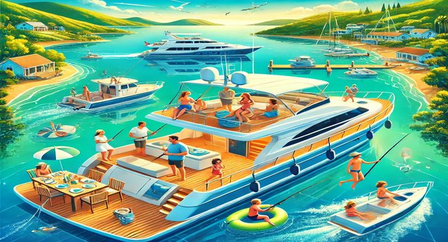 Aktivitäten während eines Familien-Yachturlaubs: Angeln, Schwimmen und gemeinsames Essen an Deck