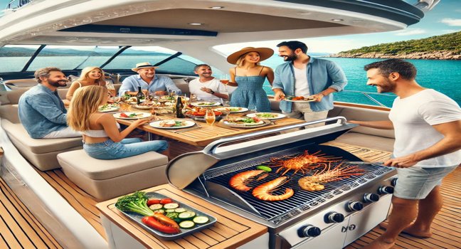 Friends enjoy a barbecue on a yacht deck, grilling seafood and vegetables, surrounded by turquoise waters, a coastal backdrop, and a sunny sky