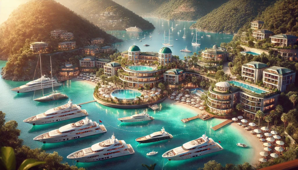 D Maris Bay, ein luxuriöser Promi-Hotspot mit türkisfarbenen Gewässern, Privatstränden und eleganten Boote