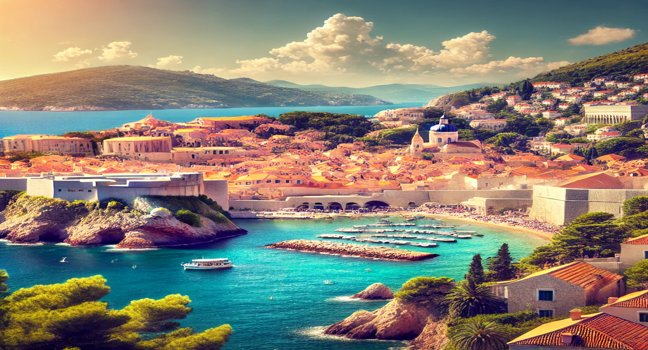 Dubrovnik's medieval walls, terracotta rooftops, and the clear blue Adriatic Sea create a stunning view, with lush green hills under a sunny sky highlighting its historic charm