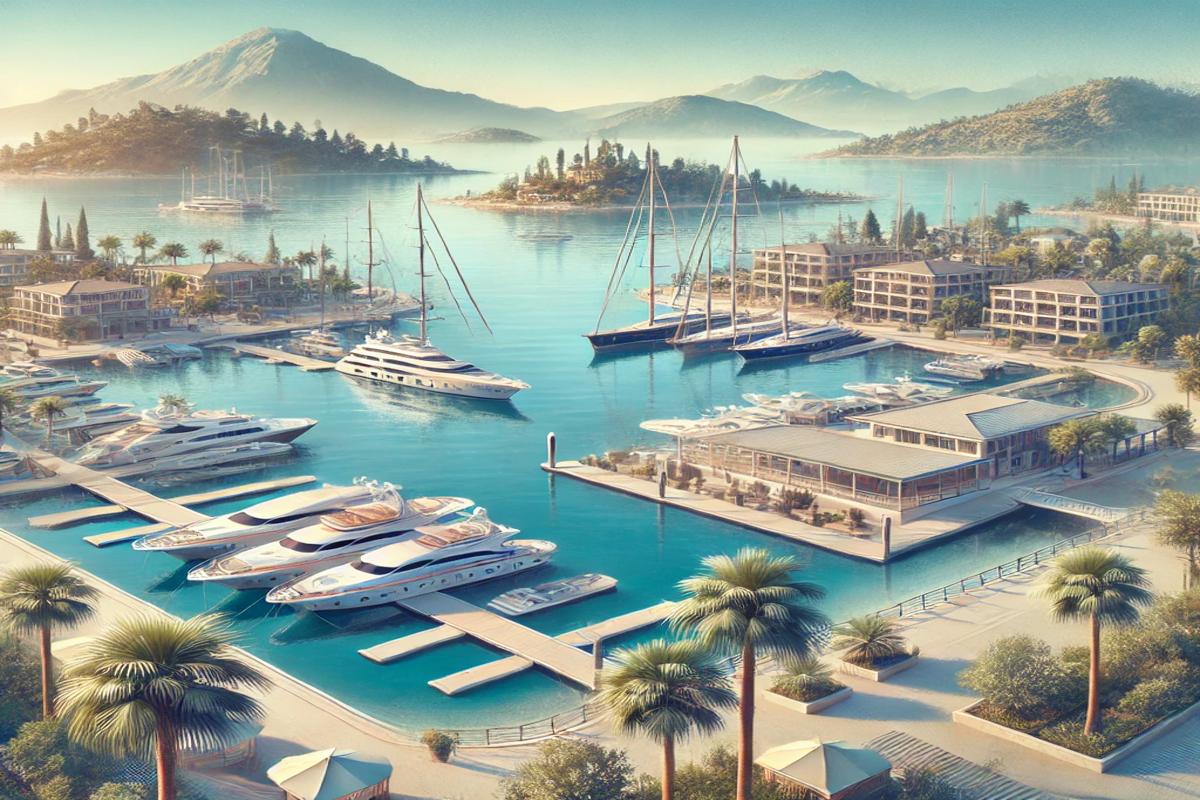 Eine ruhige Ansicht der Göcek Marina mit klaren Gewässern, modernen Einrichtungen und einer malerischen Bergkulisse